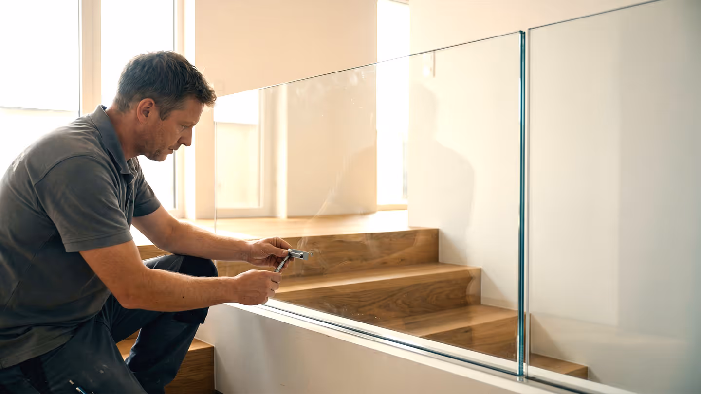 Handwerker montiert Glasgeländer an Treppe mit Holzstufen in einem hellen Innenraum.
