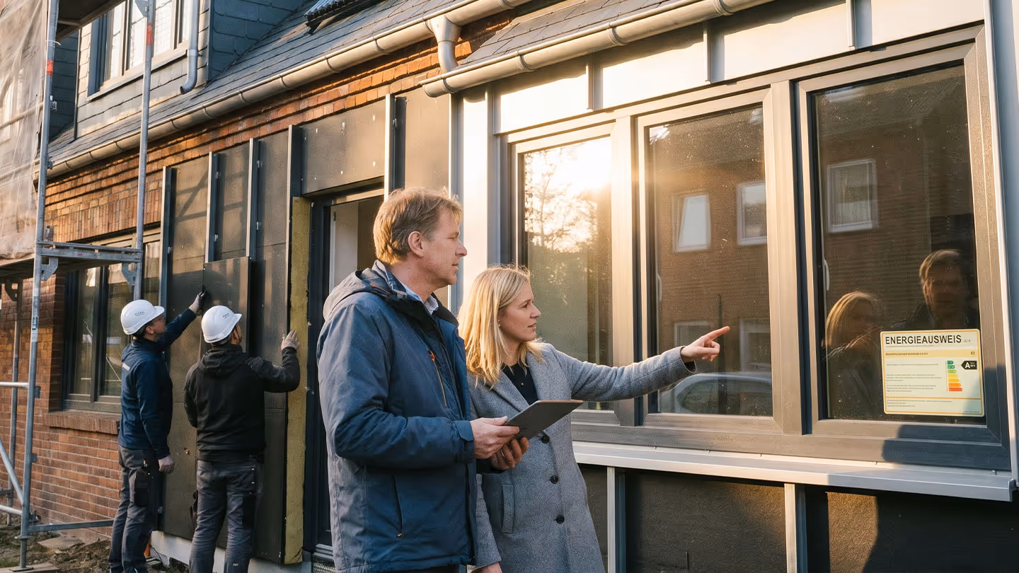 Zwei Firmenmitarbeiter beraten vor einem Gebäude mit Energieausweis, während zwei Arbeiter Fassadenelemente anbringen.