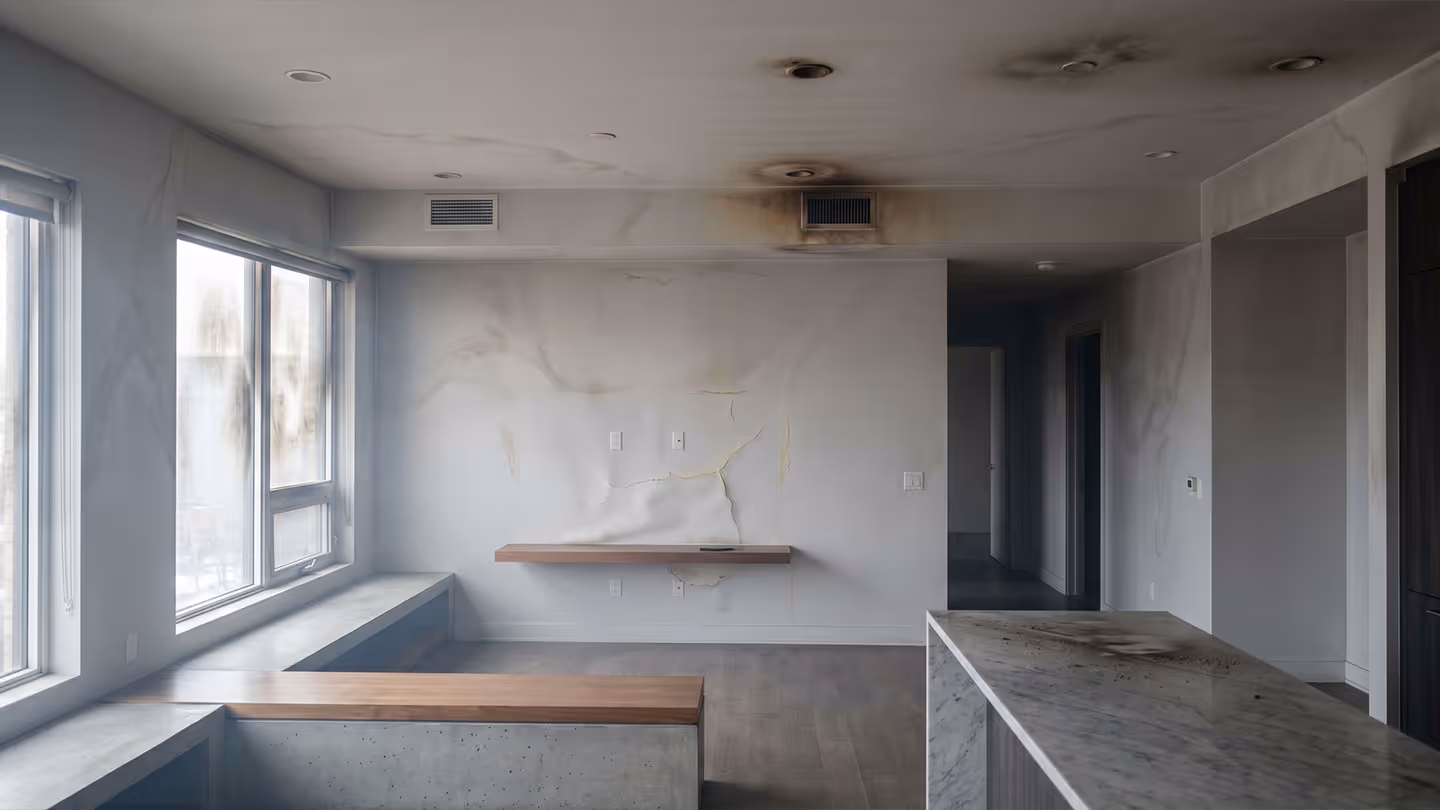Wohnraum mit Brandspuren an Wänden und Decke, sichtbare Rauch- und Schrumpfschäden.