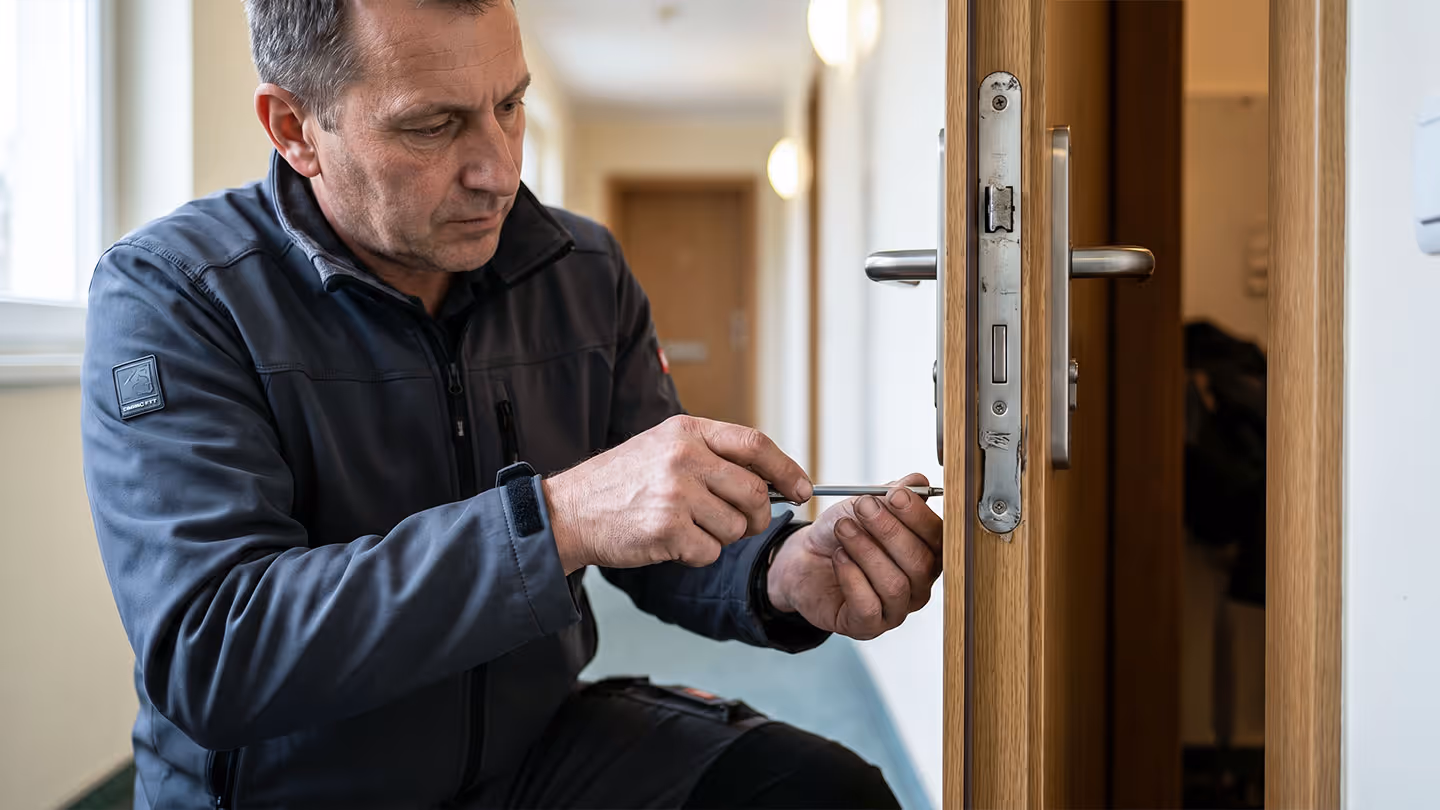 Handwerker repariert oder installiert ein Türschloss mit einem Schraubenzieher an einer Holztür.