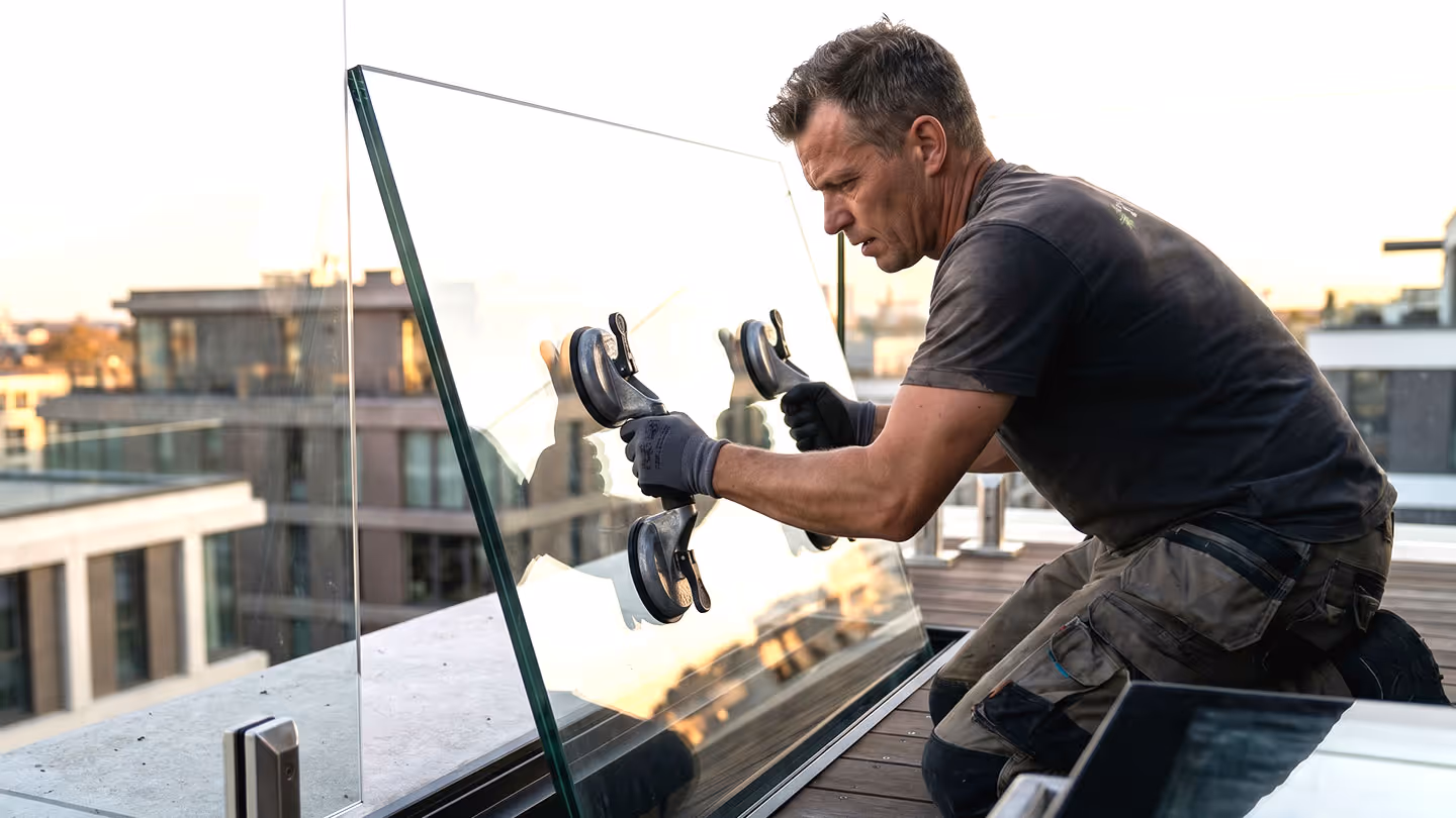 Handwerker montiert ein großes Glasgeländer auf einer Dachterrasse mit Saugnäpfen.