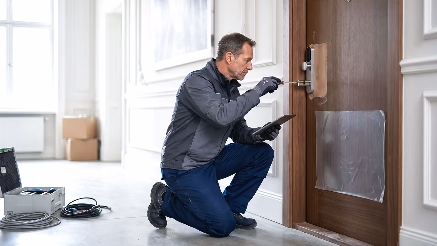 Ein Techniker installiert ein elektronisches Türschloss an einer Holztür mit Schraubenzieher.