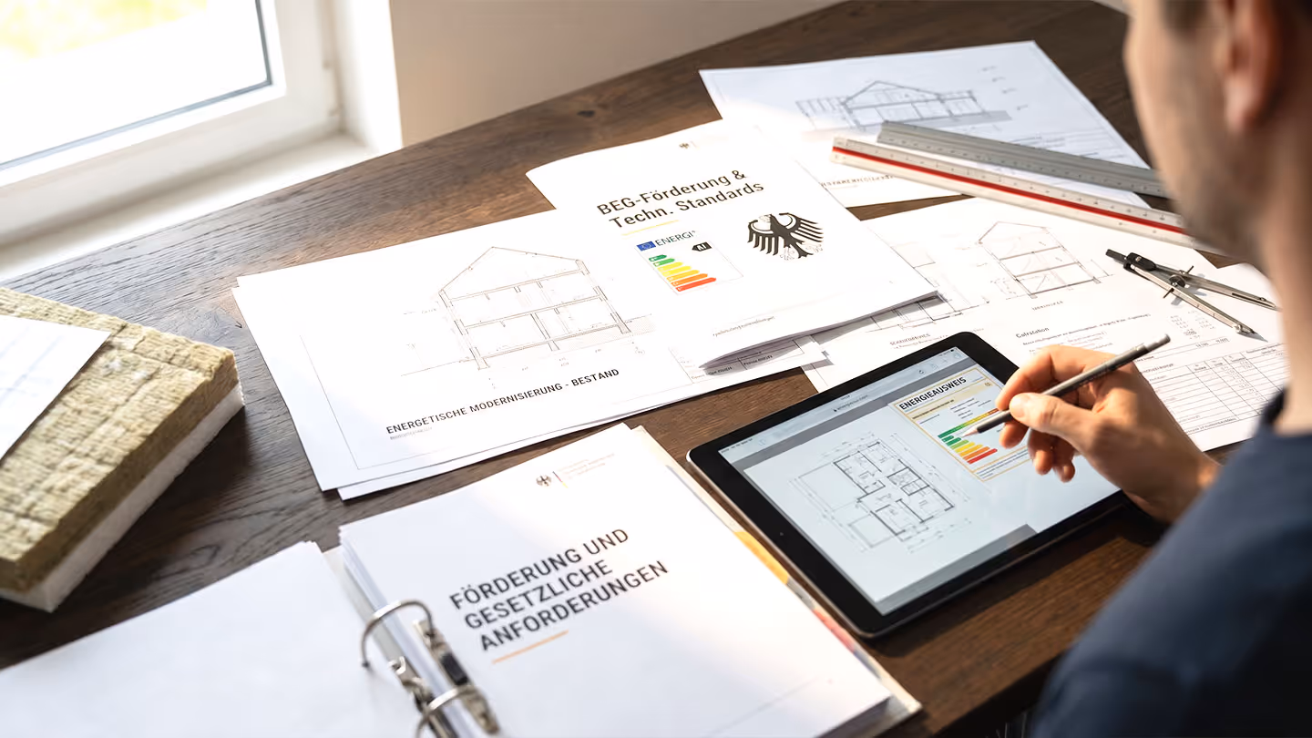 Person arbeitet an Tablet mit Energieausweis und Bauplänen zu energetischer Modernisierung.