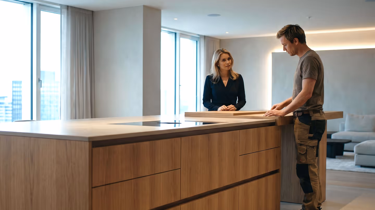 Tischler zeigt Frau eine helle Holzarbeitsplatte in modernem Wohnzimmer mit großen Fenstern.