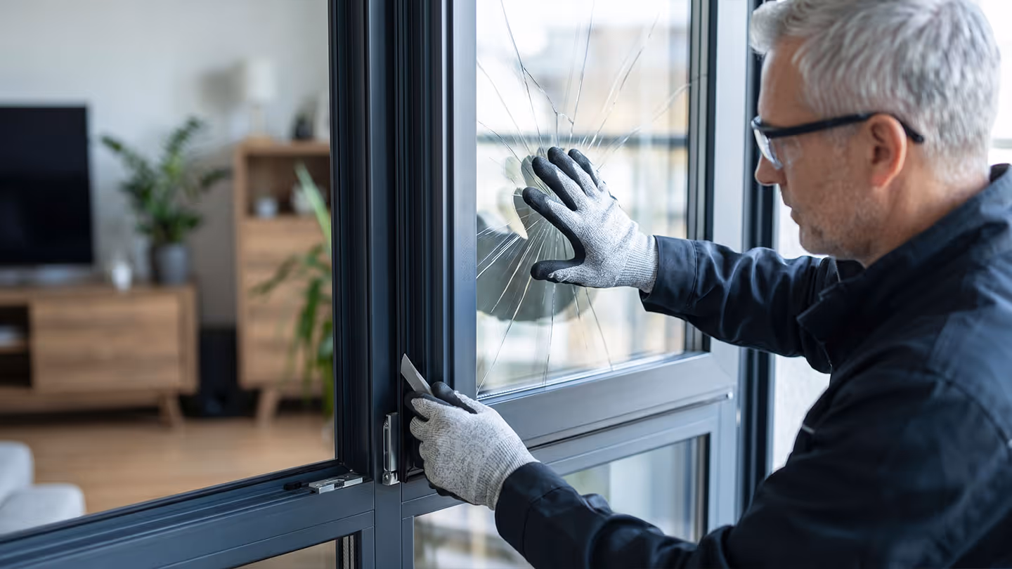 Mann mit Handschuhen prüft gesprungenes Glas einer Fenstertür in einem Wohnzimmer.