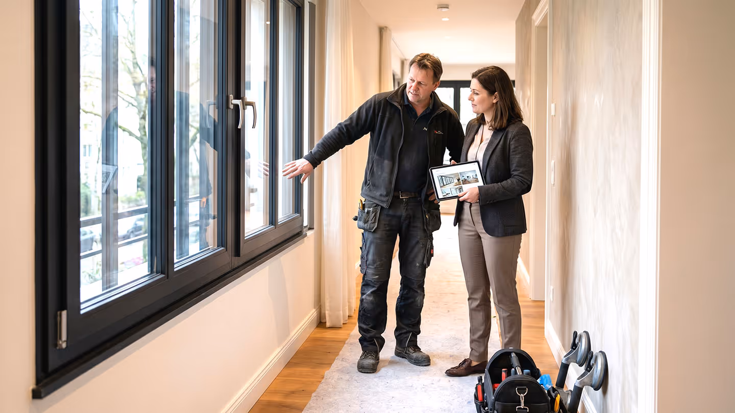 Handwerker erklärt Frau im Flur mit Tablet neue Fenster und zeigt nach draußen.