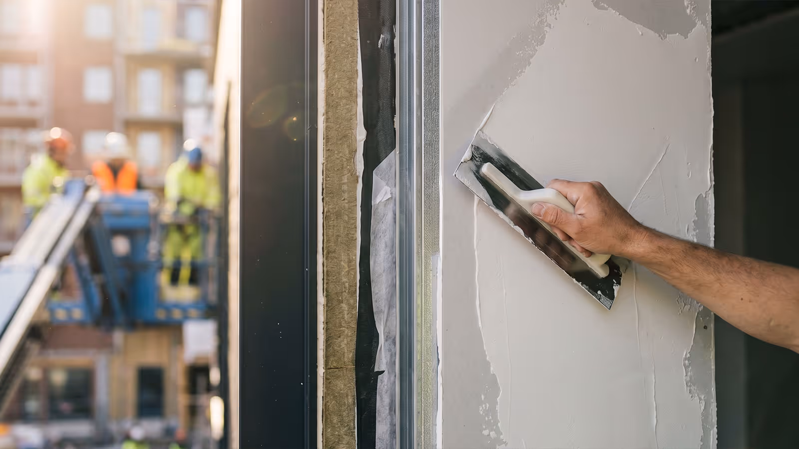 Hand glättet Putz mit Glättkelle an einer Wand nahe Fenster auf einer Baustelle.