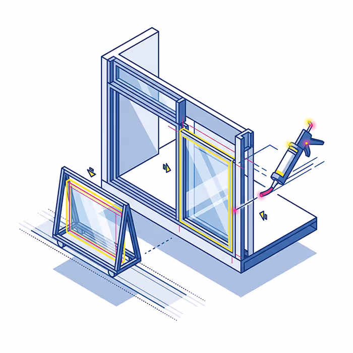 Illustration einer Fenstermontage mit Rahmeneinsatz und Versiegelungsmasse-Spritze.