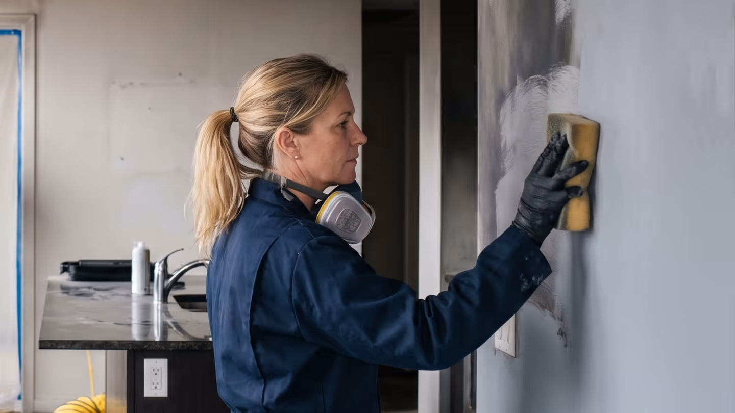 Frau in Arbeitskleidung schleift eine Wand mit einem Schwamm in einem Innenraum.