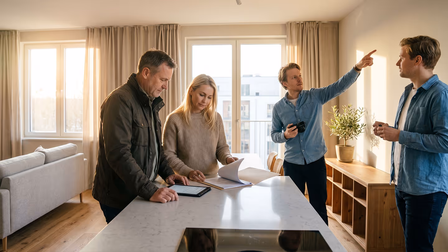 Vier Personen besprechen Pläne in einer hellen Wohnung mit Küche und großen Fenstern.