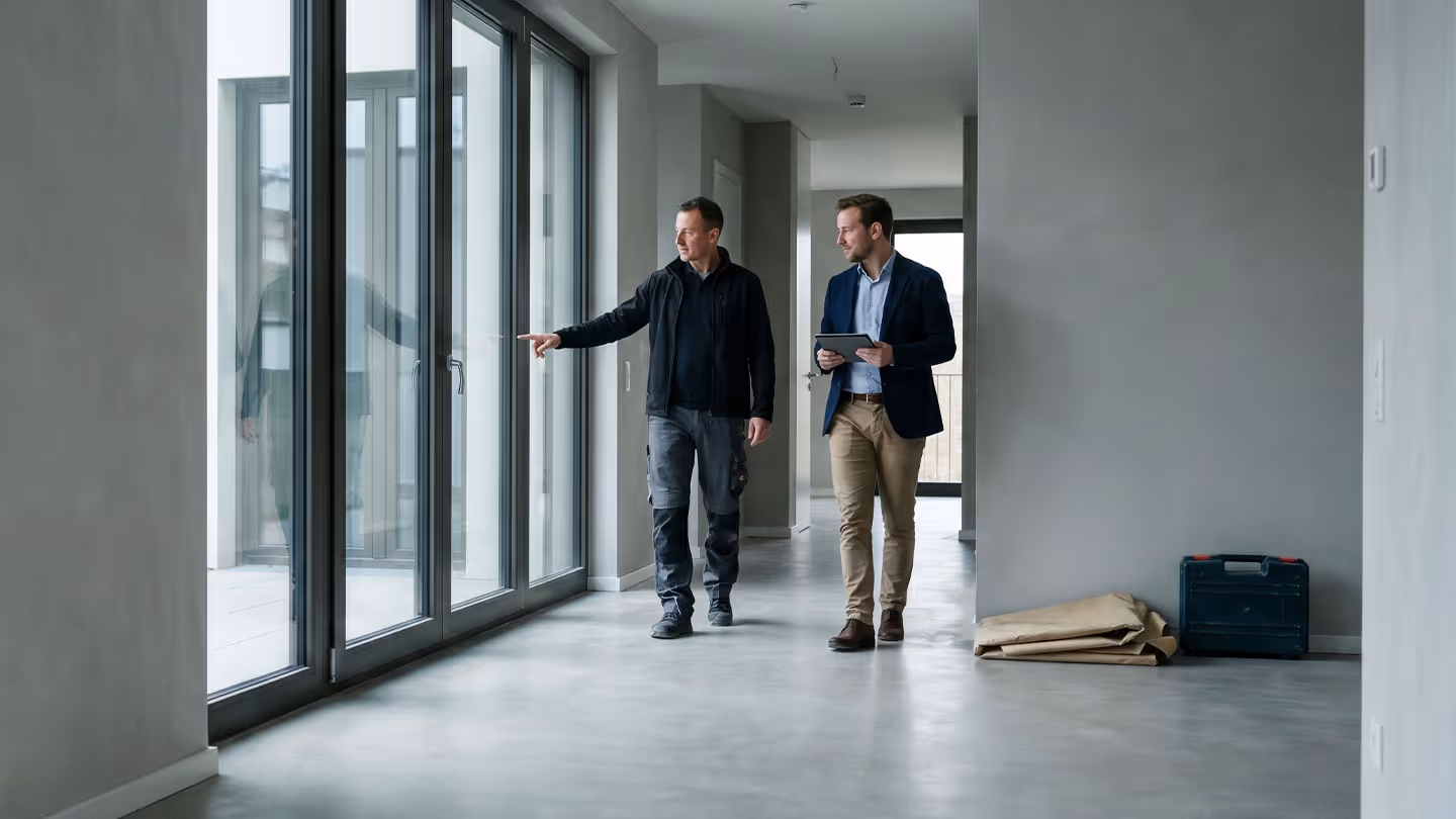 Zwei Männer besichtigen ein modernes leeres Haus mit großen Glasfenstern und grauen Wänden.