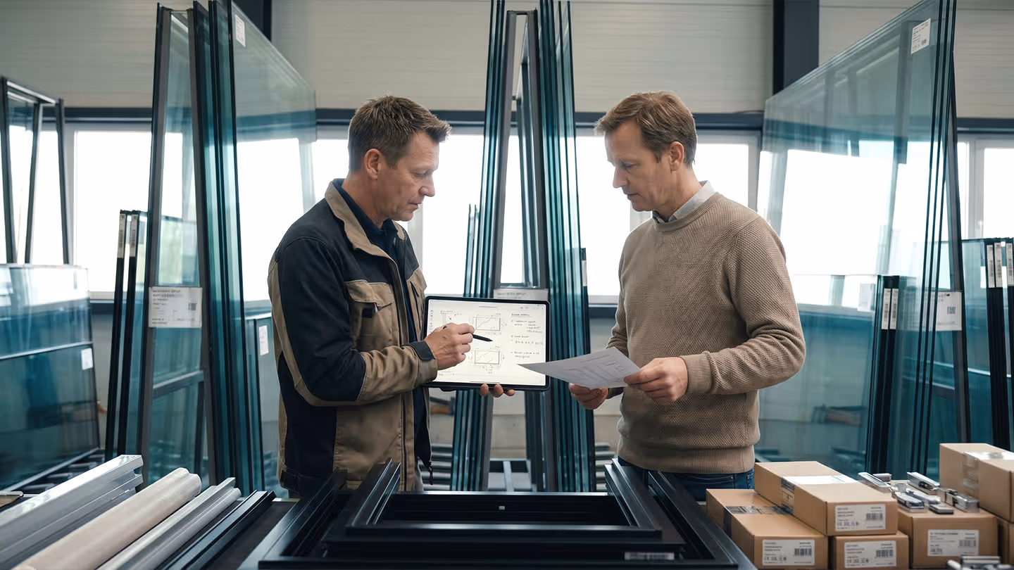 Zwei Männer besprechen Glasarbeiten in einer Werkstatt mit Glasplatten und Kartons im Hintergrund.