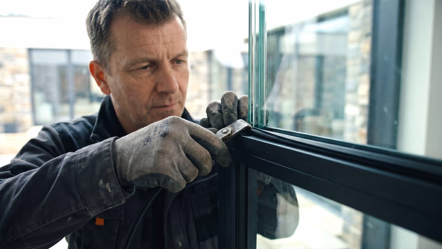 Handwerker montiert dreifach verglastes Fenster mit schwarzem Rahmen und Handschuhen.