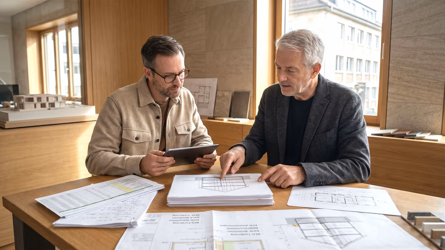 Zwei Männer besprechen Baupläne an einem Holztisch in einem hellen Büro mit Modellen und Dokumenten.