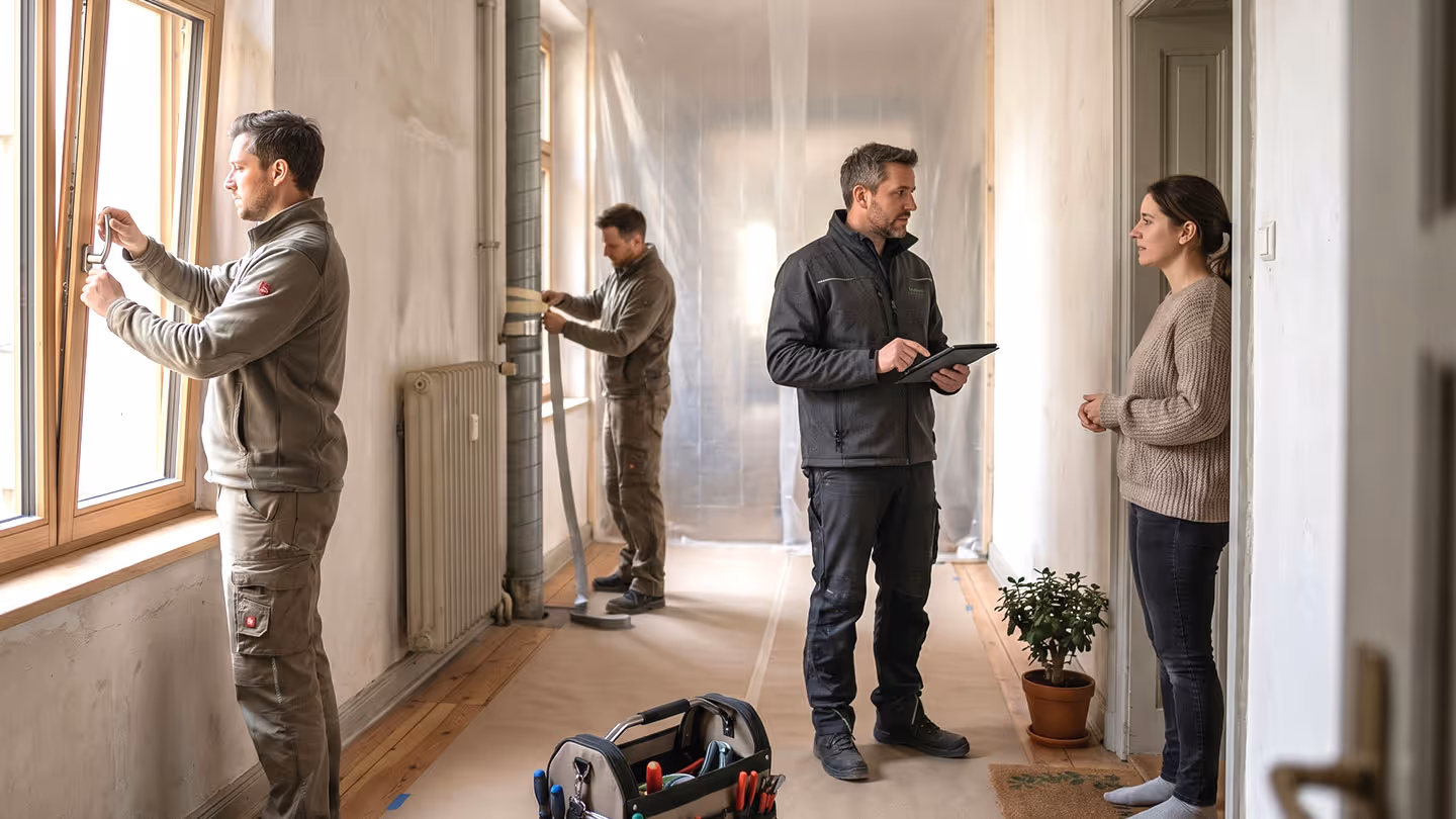 Handwerker reparieren Fenster und führen ein Beratungsgespräch mit einer Frau im Flur eines Hauses.