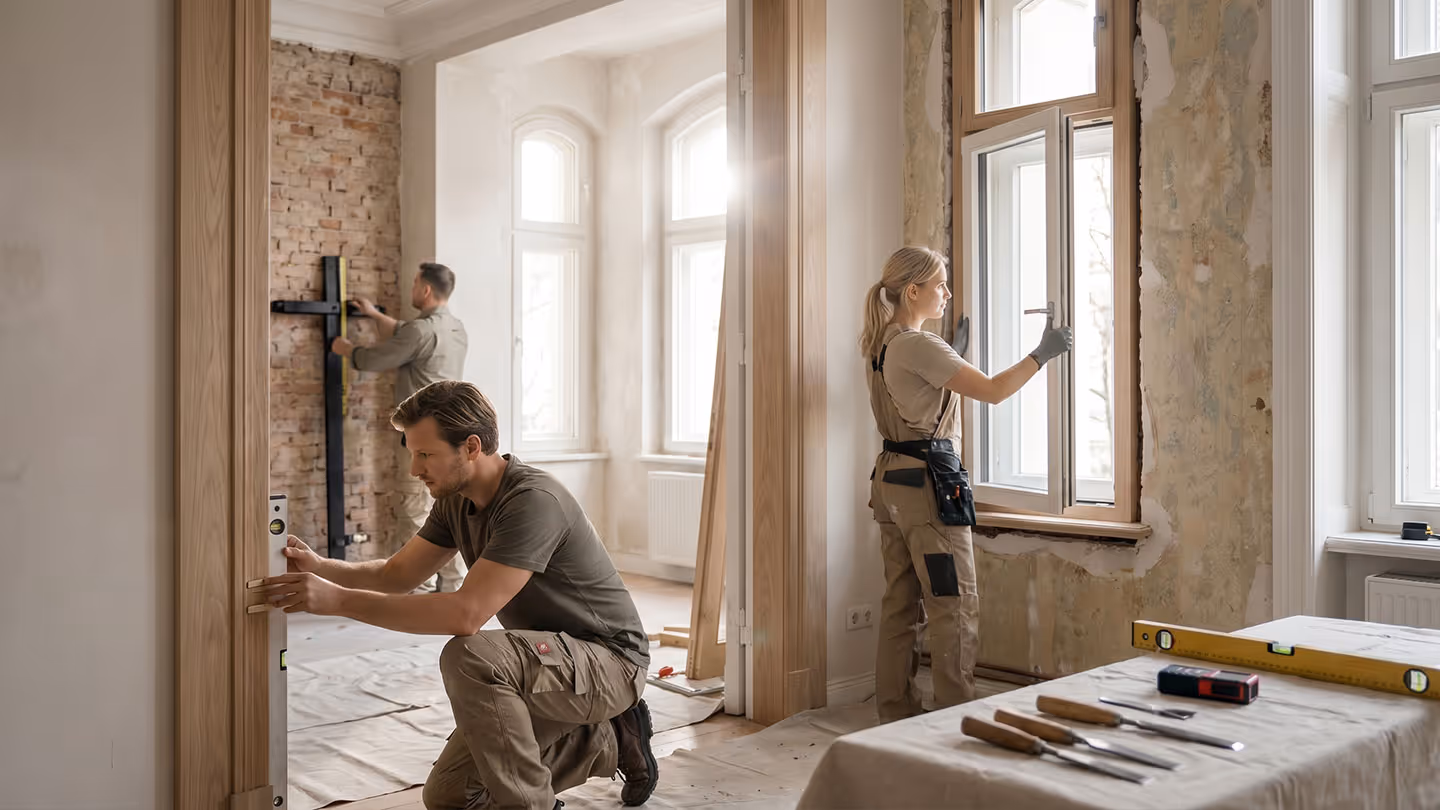 Drei Handwerker bei Renovierungsarbeiten messen Türrahmen und Fenster in einem sonnigen Raum.