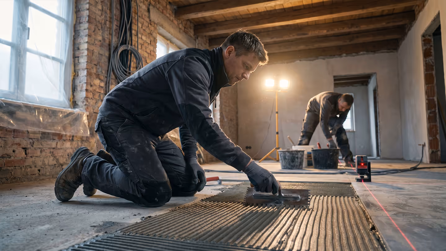 Zwei Handwerker verlegen Fliesen in einem Raum mit noch sichtbarer Backsteinwand und Bauleuchten.