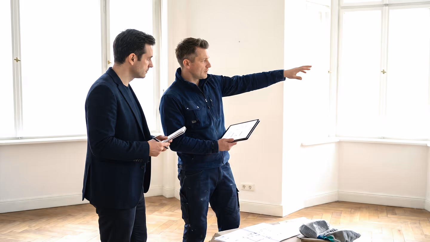 Zwei Männer besprechen Pläne in einem leeren Raum mit großen Fenstern und Parkettboden.