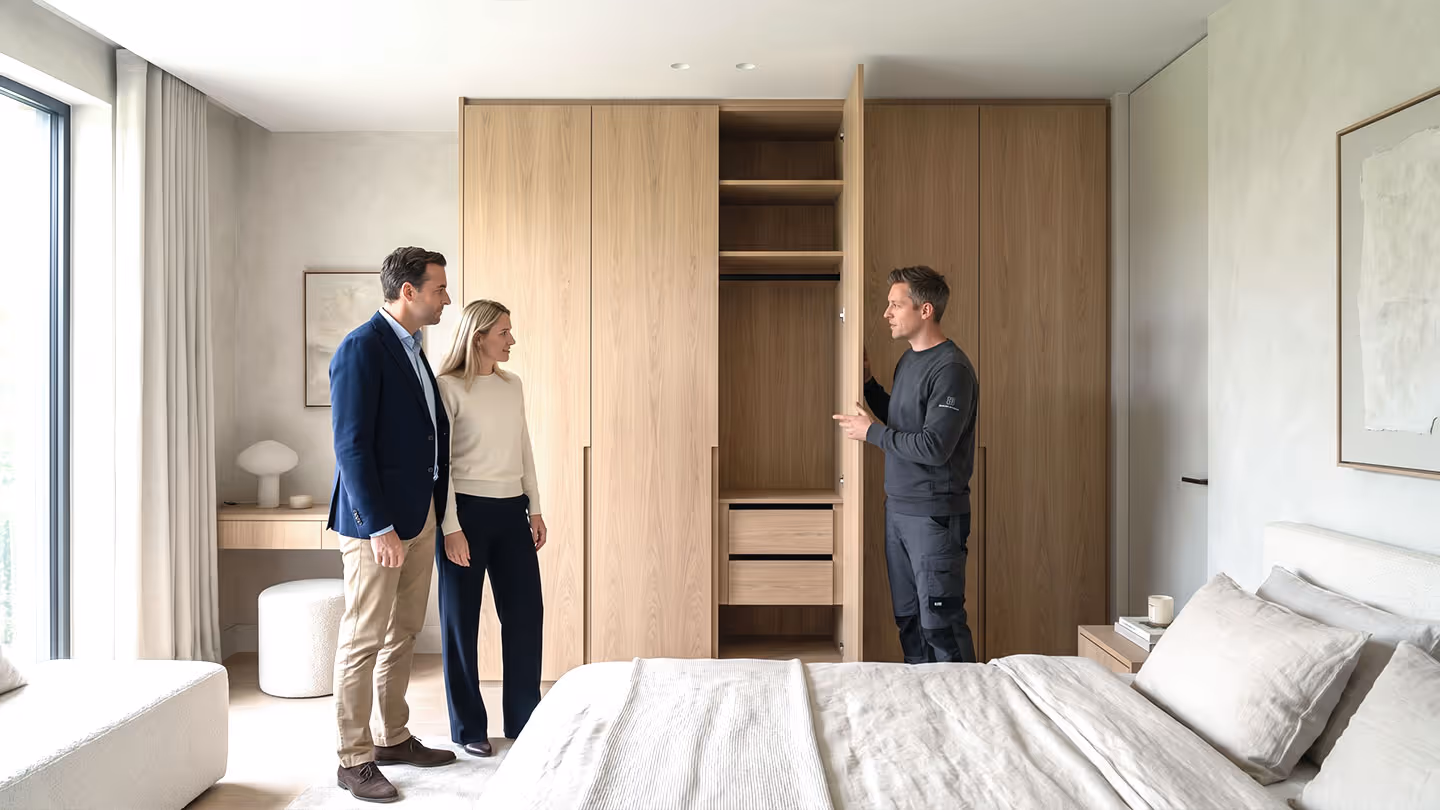 Berater zeigt Paar einen offenen Holzkleiderschrank in einem modernen Schlafzimmer.