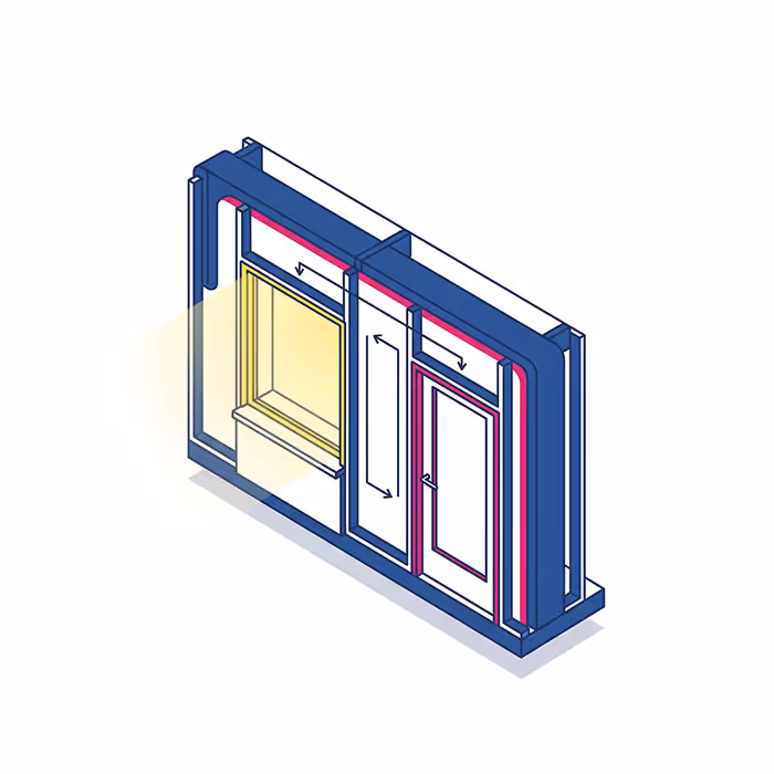 Schematische Darstellung einer Tür und eines Fensters in einer Wand mit Maßangaben.