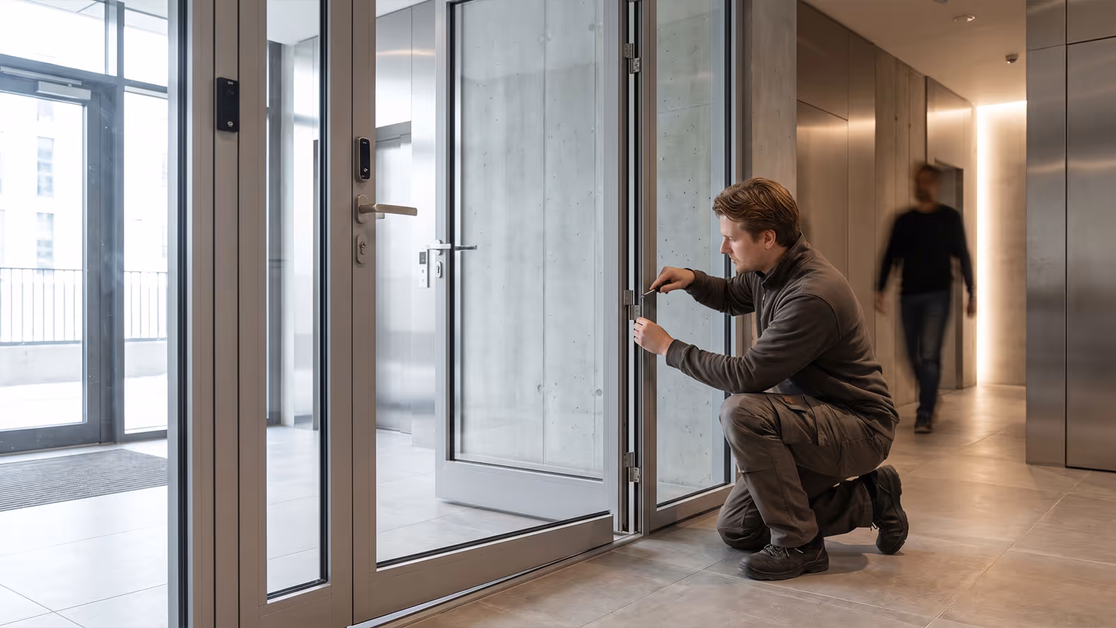 Handwerker kniet und repariert oder installiert das Schloss an einer modernen Glastür in einem Gebäude.