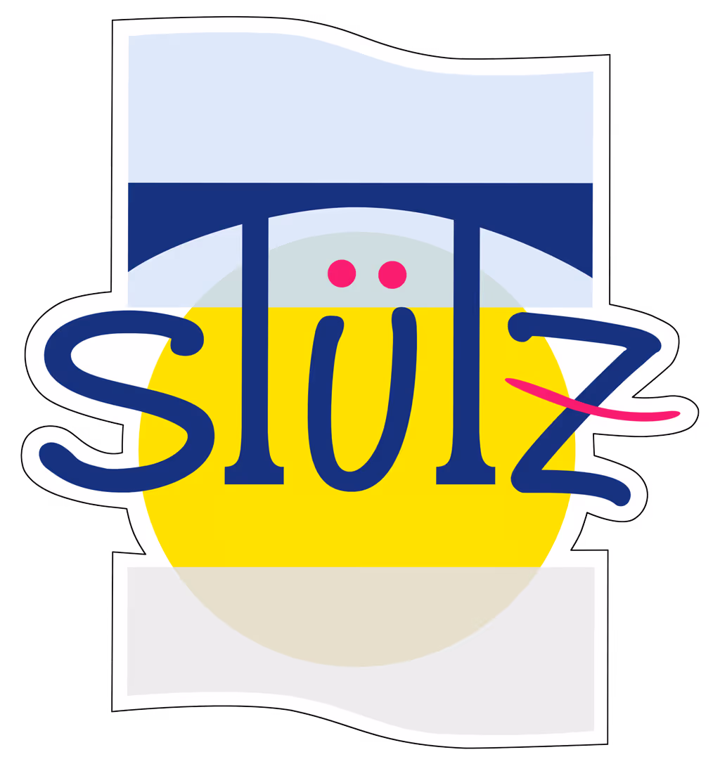 Logo mit dem Wort „stütz“ in blauen Buchstaben, gelbem Kreis und roter Wellenlinie am Z.