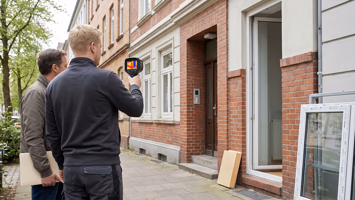 Zwei Männer prüfen mit Wärmebildkamera die Dämmung eines Hauses mit Backsteinfassade.
