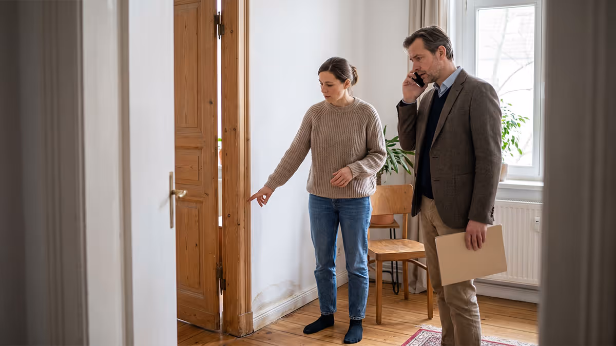 Frau zeigt einem Mann eine Schimmelstelle an der Wand nahe einer Holztür in einem Raum.
