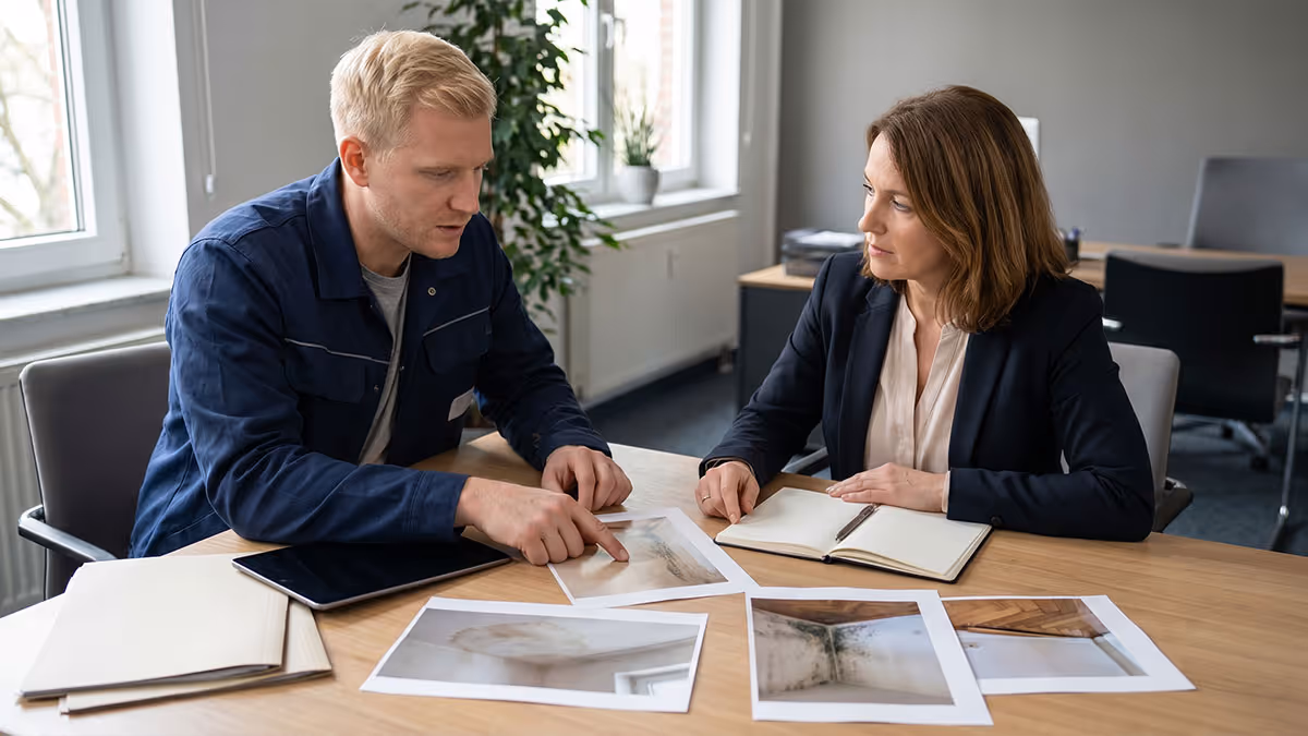 Mann und Frau diskutieren in Büro über Fotos von Wasserschäden auf Tisch.