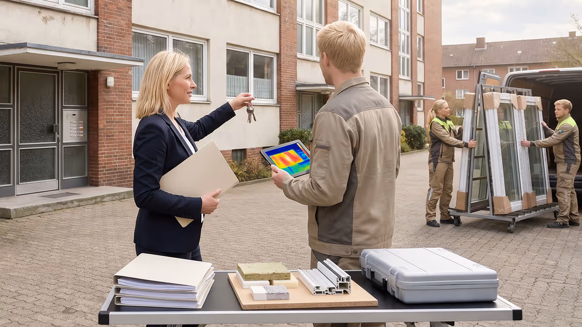 Eine Frau hält Schlüssel bei Besprechung mit Mann, im Hintergrund werden Fensterrahmen entladen.