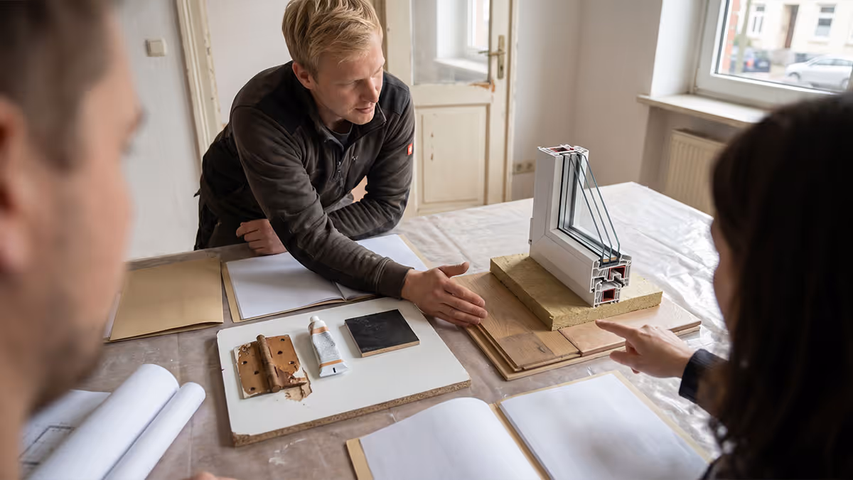 Drei Personen besprechen Fenstermuster und Materialien bei einem Renovierungsprojekt.
