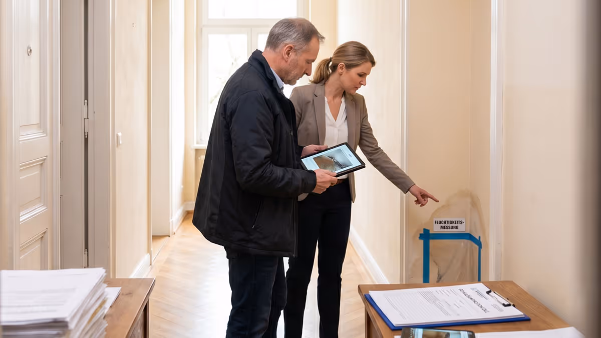 Mann und Frau messen Feuchtigkeitsschaden an Wand mit Tablet und zeigen auf die markierte Stelle.