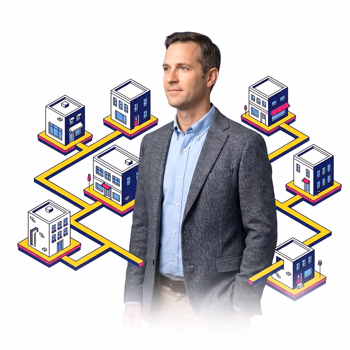 Mann im Anzug vor stilisierten Häusern verbunden durch gelbe Leitungen als Symbol für Immobilienverwaltung.