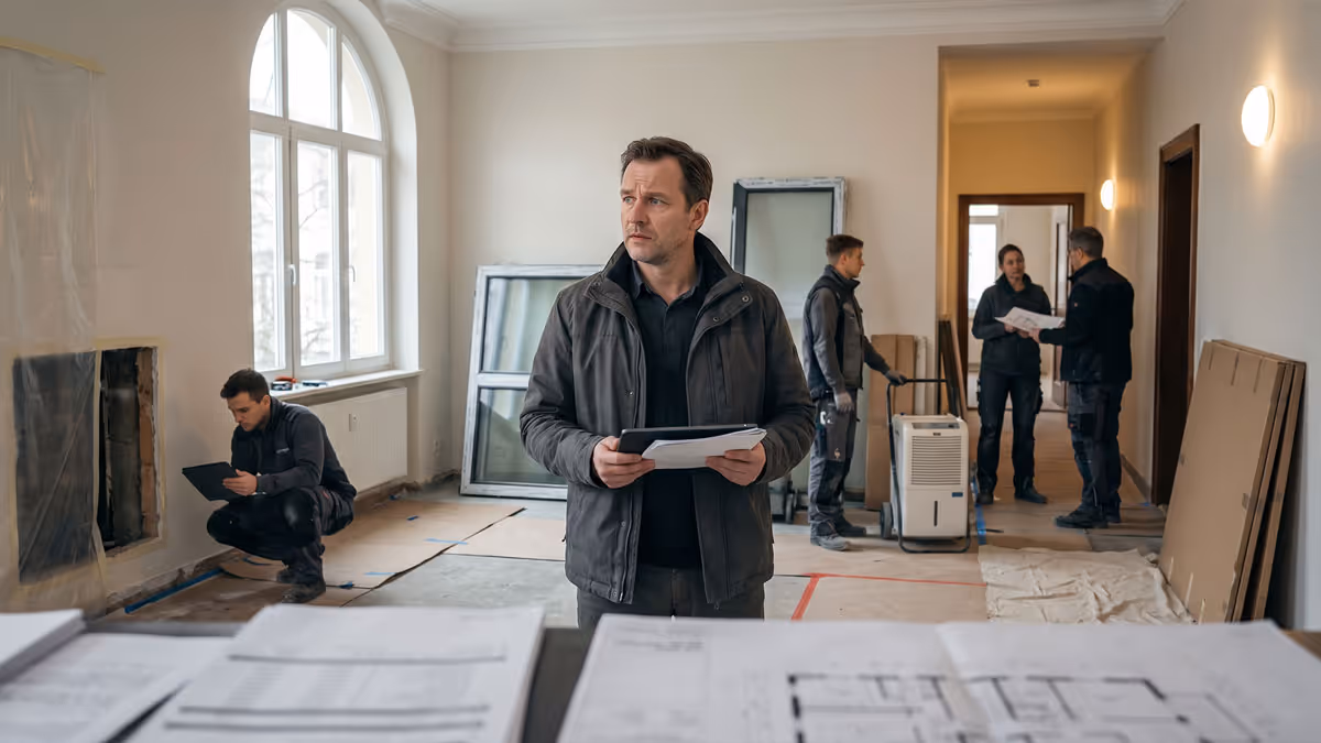 Bauteam überprüft einen Bauplan in einem halbfertigen Raum mit großen Fenstern und Schutzabdeckungen.