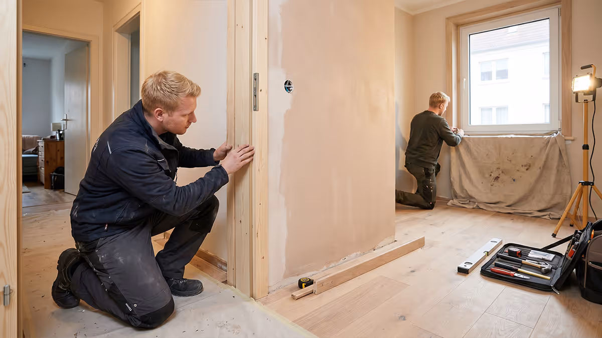 Zwei Handwerker montieren einen Türrahmen und arbeiten an einem Fenster in einem Raum unter Renovierung.