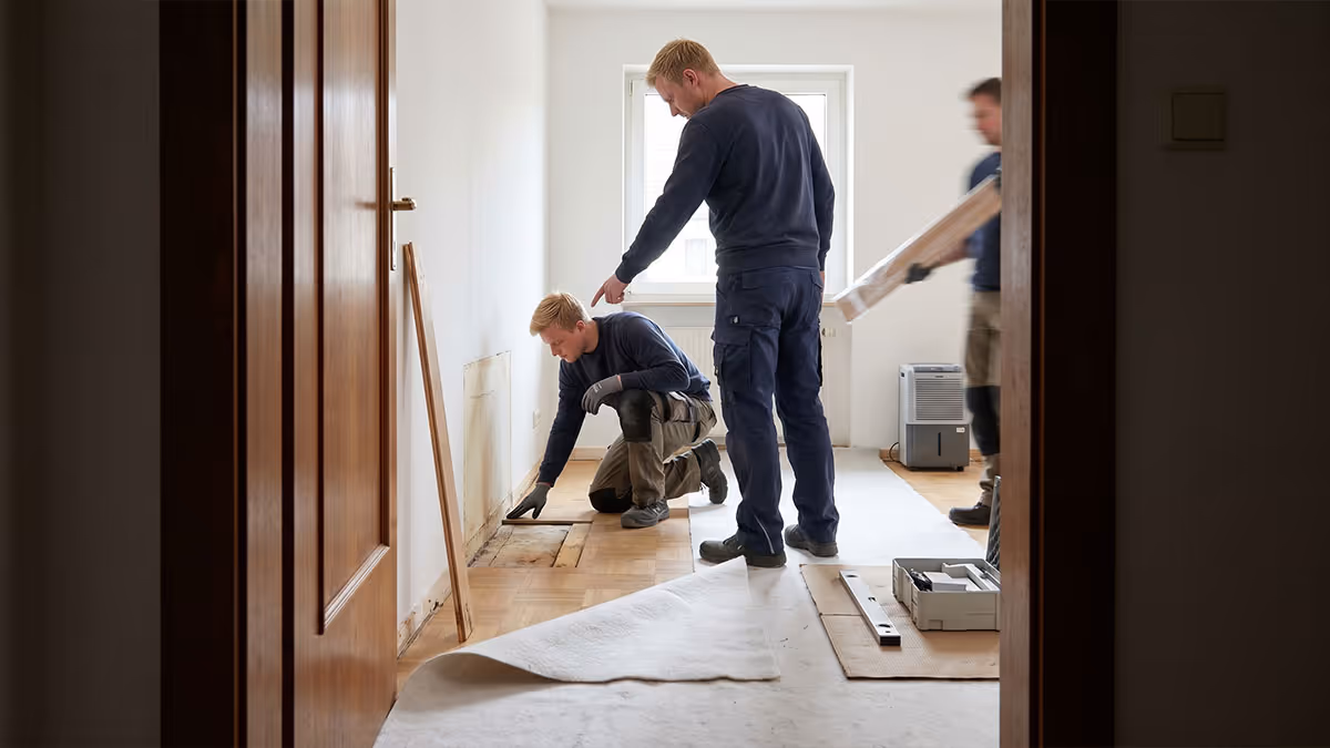 Drei Handwerker reparieren Boden in einem hellen Raum mit offenem Fenster.