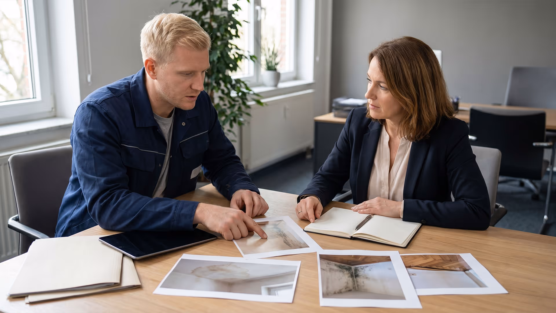 Zwei Personen besprechen Fotos von Wasserschäden auf einem Tisch in einem Büro.