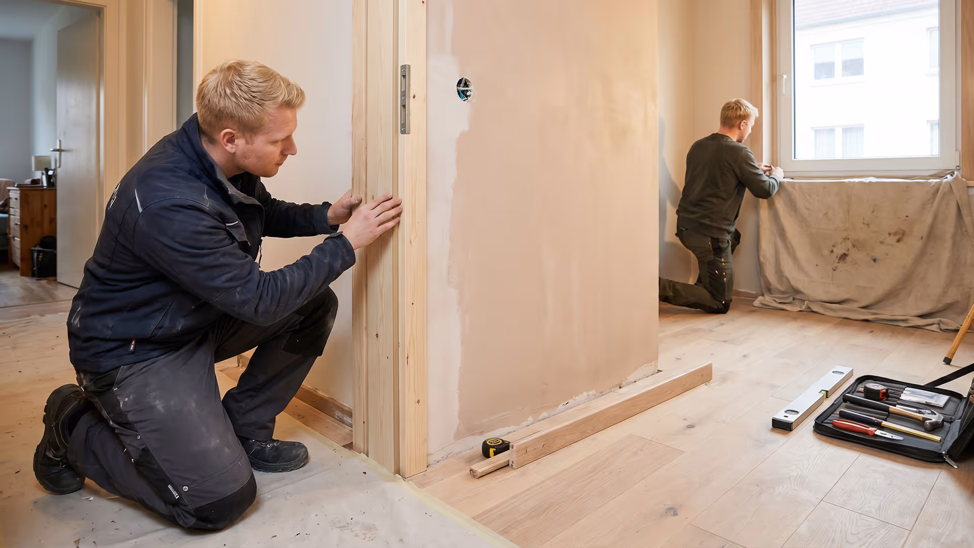 Zwei Handwerker montieren eine Tür und arbeiten an einem Fenster in einem Raum unter Renovierung.