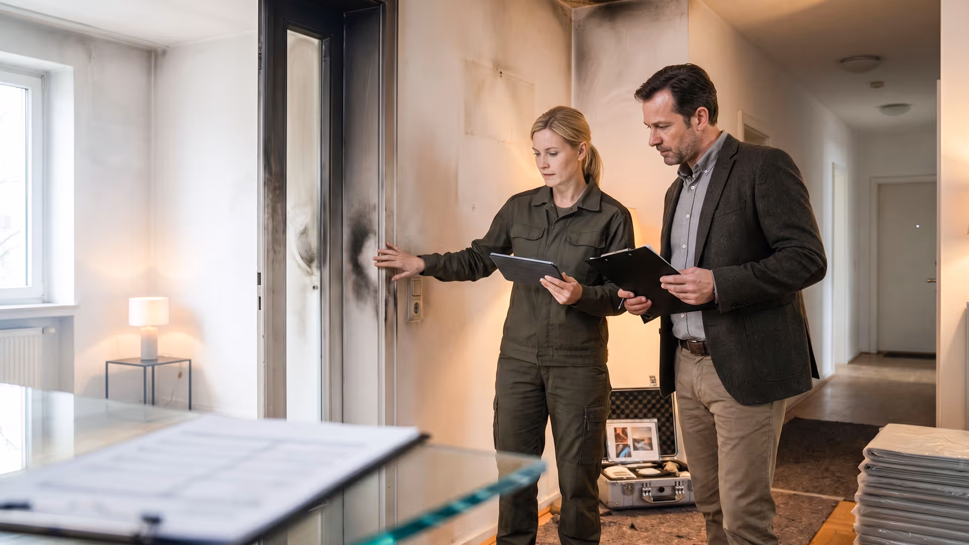Zwei Experten inspizieren Brandspuren an einer Wohnungswand und Türrahmen mit Tablet und Klemmbrett.