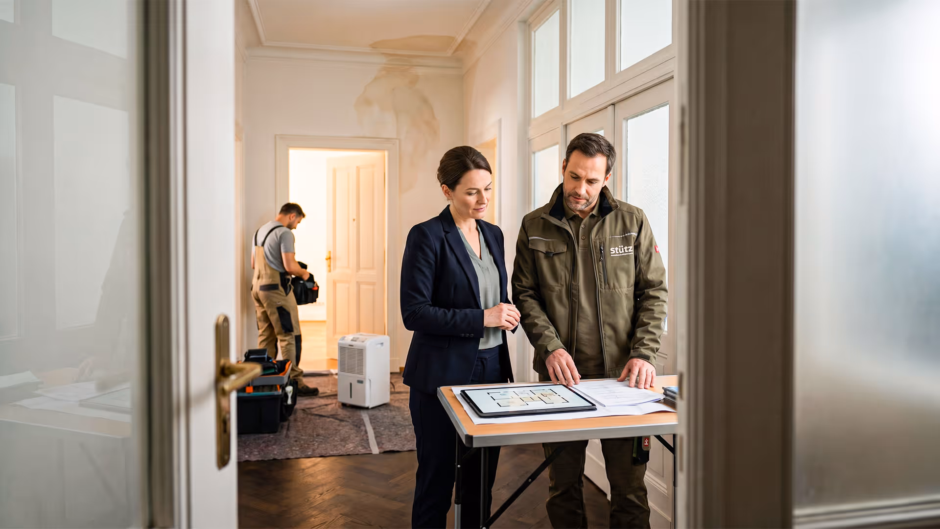 Zwei Personen prüfen Pläne auf einem Tisch, im Hintergrund ein Mann mit Werkzeug vor einer beschädigten Wand.