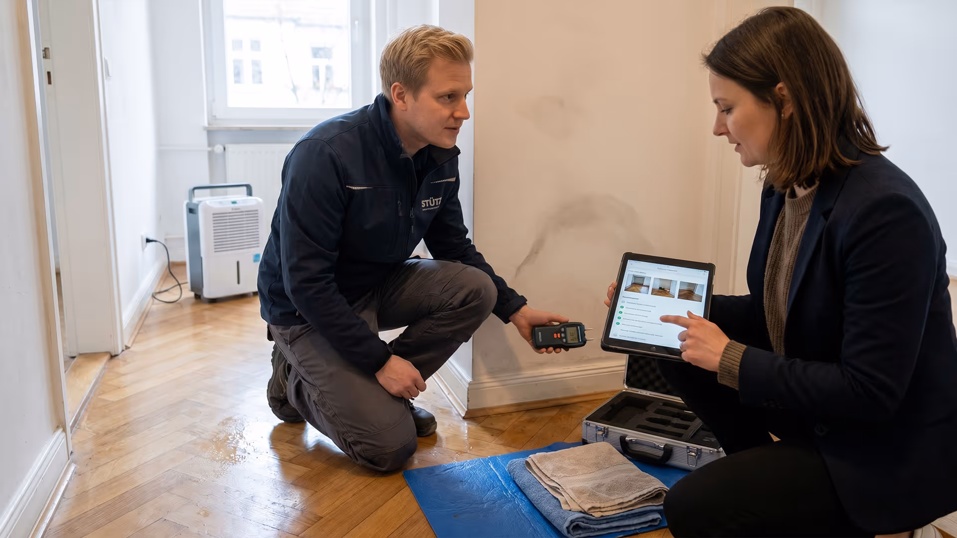 Techniker überprüft Feuchtigkeitsmessgerät an Wand, während Frau Ergebnisse auf Tablet zeigt.