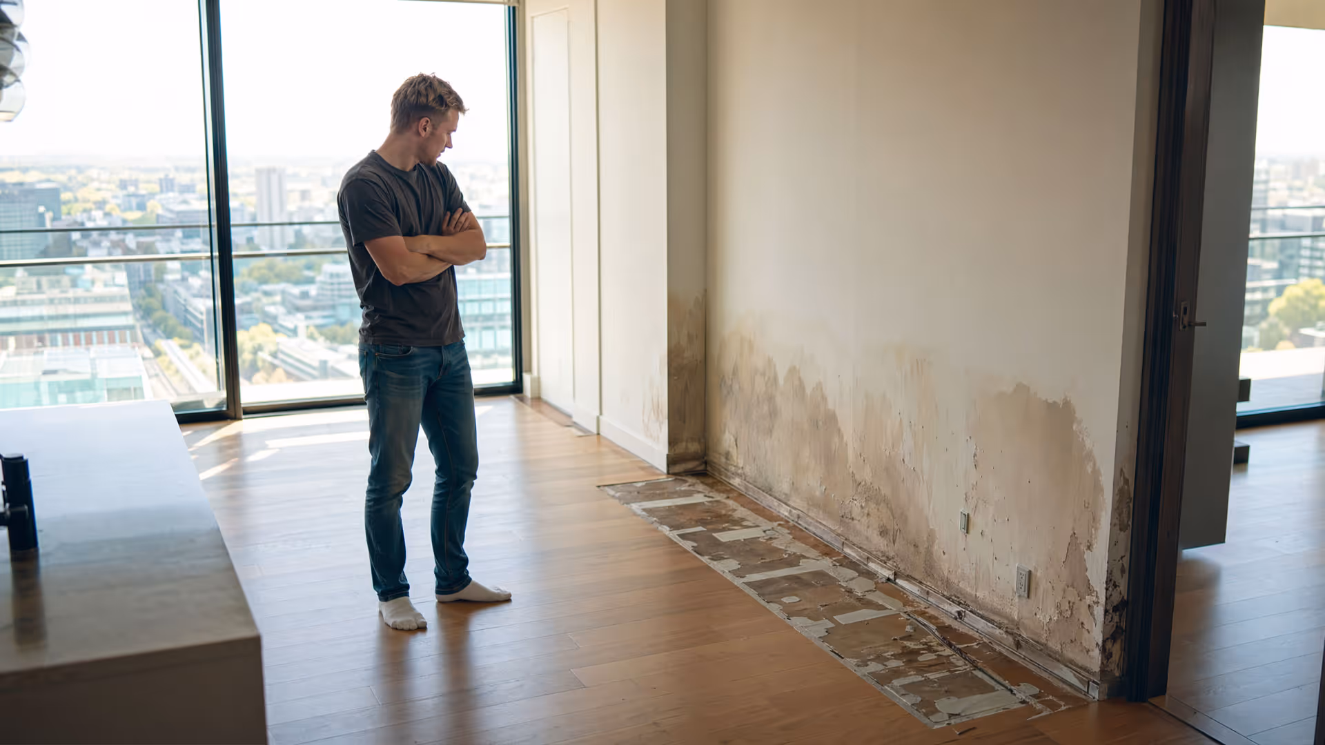 Mann ohne Schuhe betrachtet Schimmel- und Wasserschäden an einer Wand in einer Wohnung mit Holzboden.